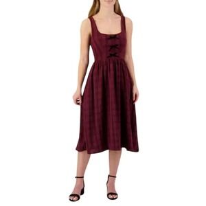 Charmed Hearts Burgundy Plaid Midi Dress Small Velvet Bows Smocked Back NWT $68